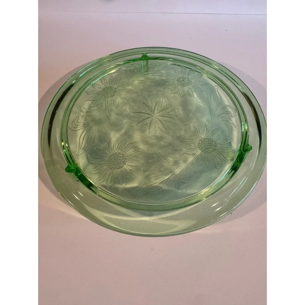 Vintage Uranium Depression Glass Cake Plate Floral Pattern Footed Glows Under UV
